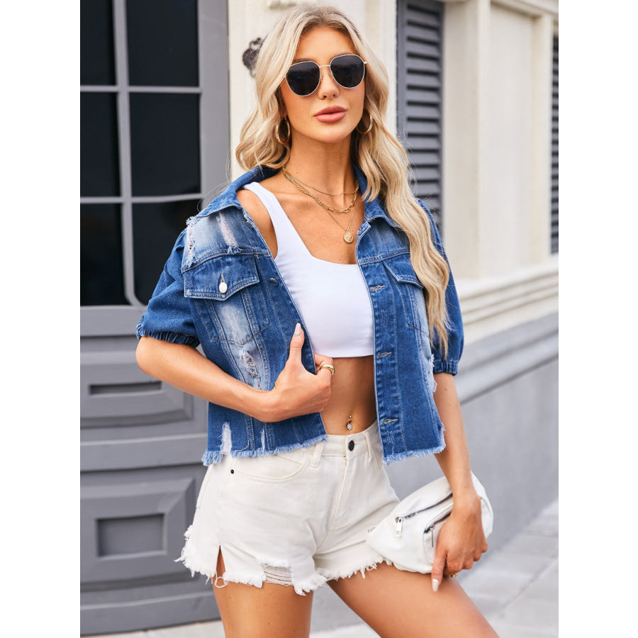 Distressed Raw Hem Button Up Denim Jacket Apparel and Accessories