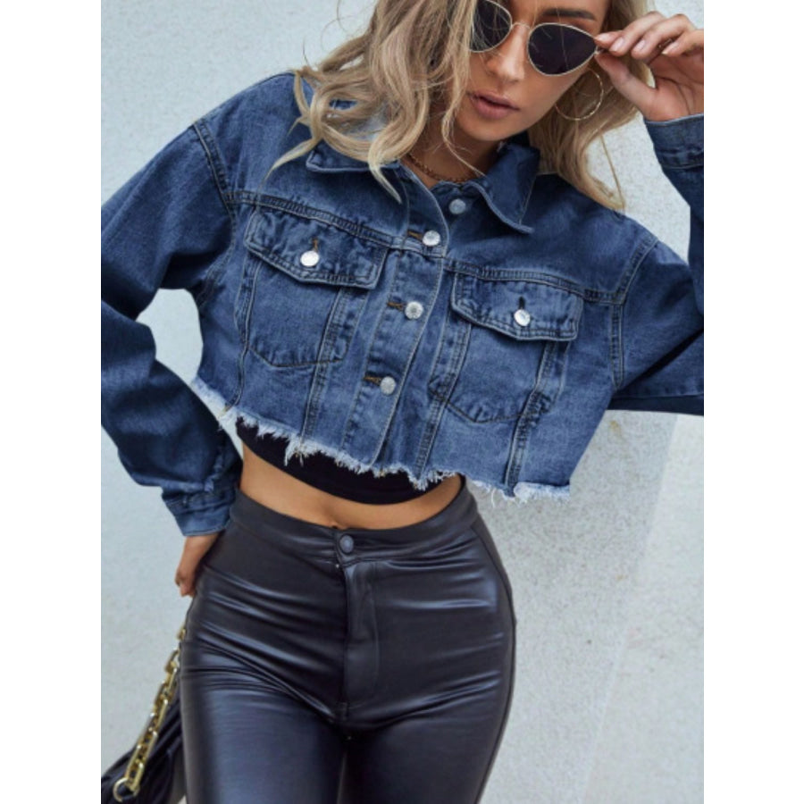 Distressed Raw Hem Collared Neck Long Sleeve Denim Top Apparel and Accessories