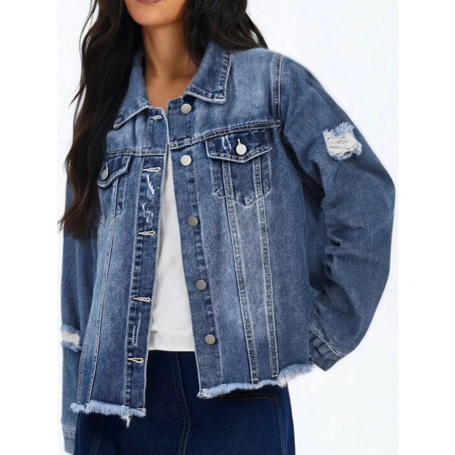 Distressed Raw Hem Denim Jacket Apparel and Accessories