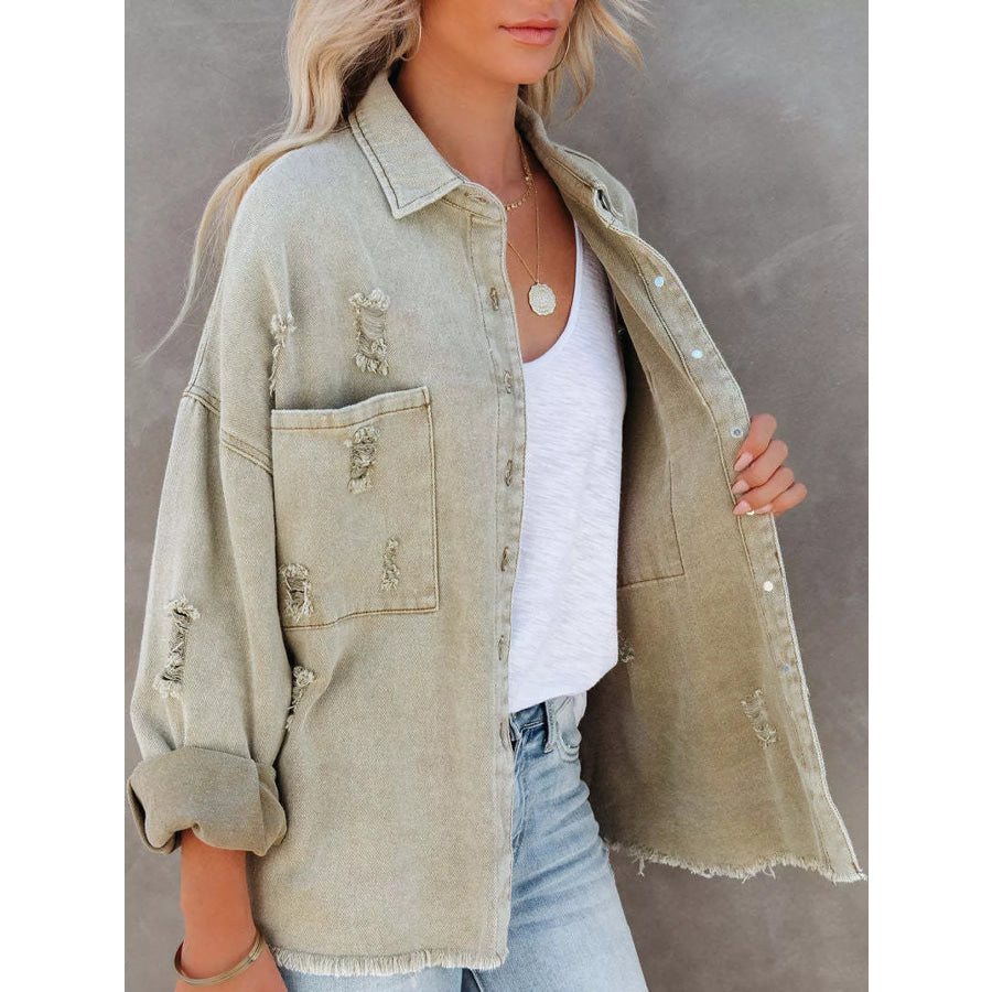 Distressed Raw Hem Denim Jacket Apparel and Accessories