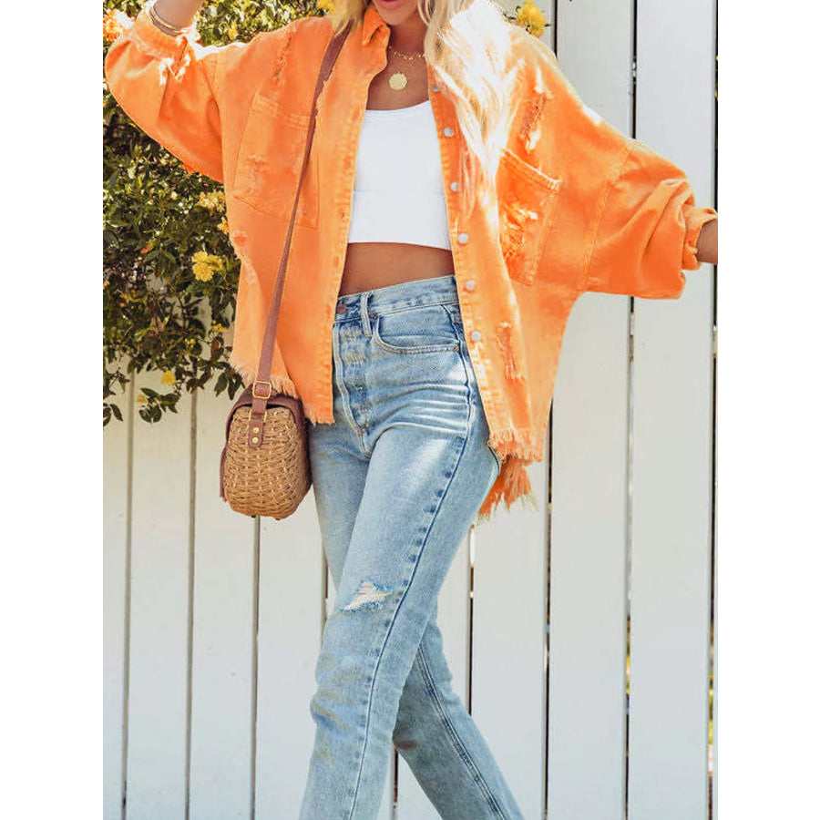 Distressed Raw Hem Denim Jacket Apparel and Accessories