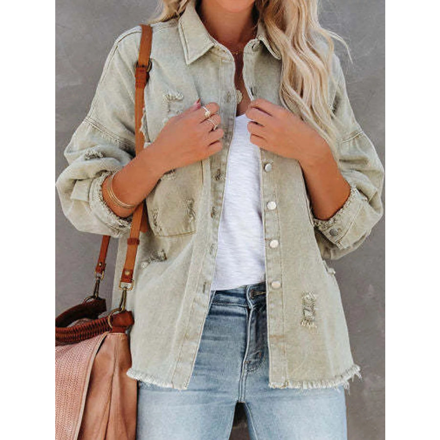 Distressed Raw Hem Denim Jacket Apparel and Accessories