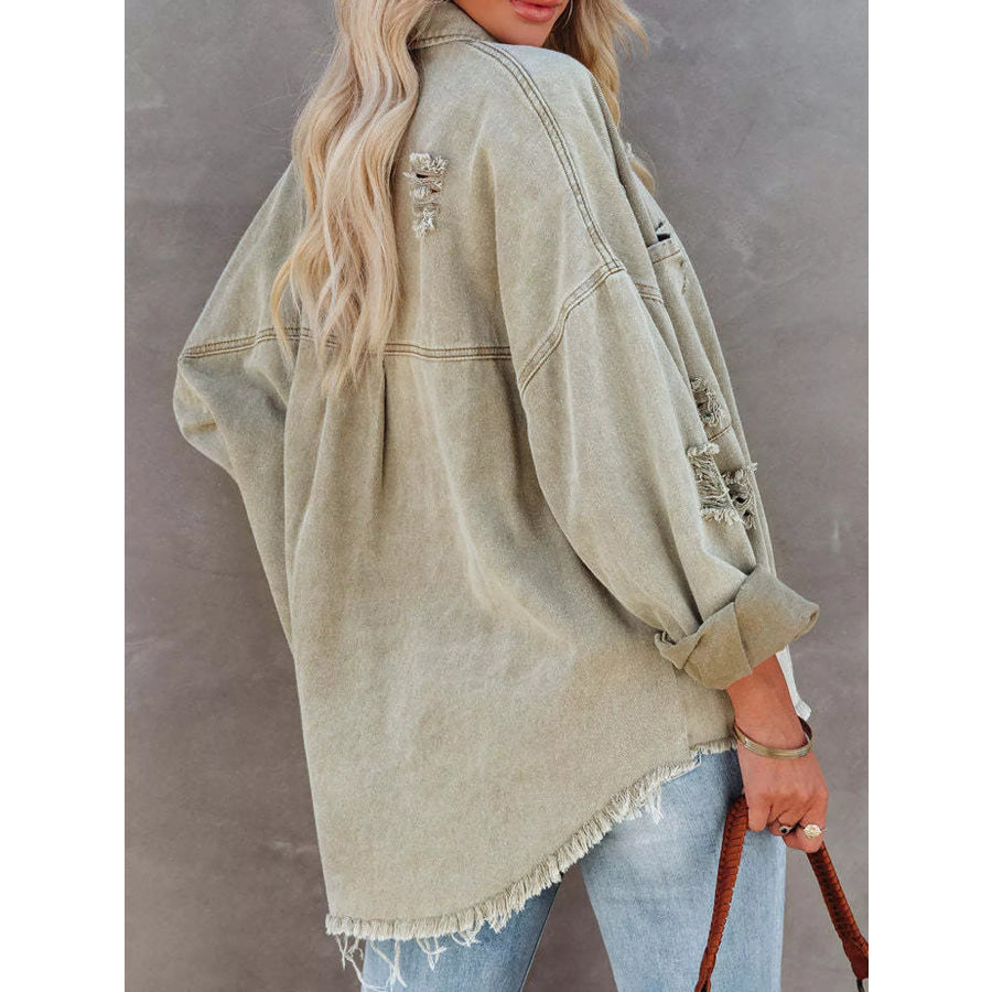 Distressed Raw Hem Denim Jacket Apparel and Accessories