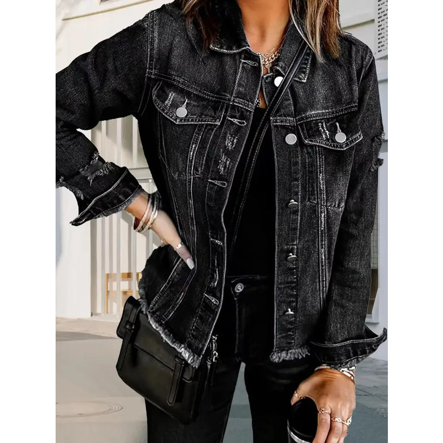 Distressed Raw Hem Denim Jacket Apparel and Accessories