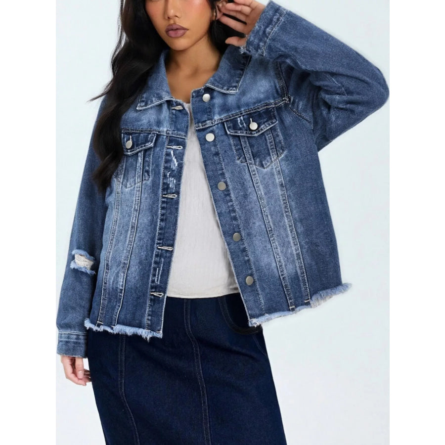 Distressed Raw Hem Denim Jacket Apparel and Accessories