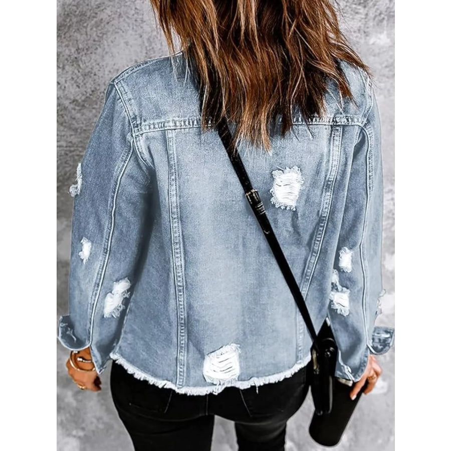 Distressed Raw Hem Denim Jacket Apparel and Accessories