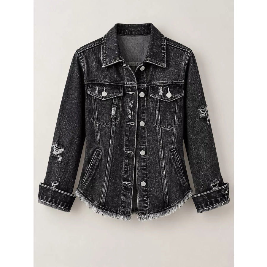 Distressed Raw Hem Denim Jacket Apparel and Accessories