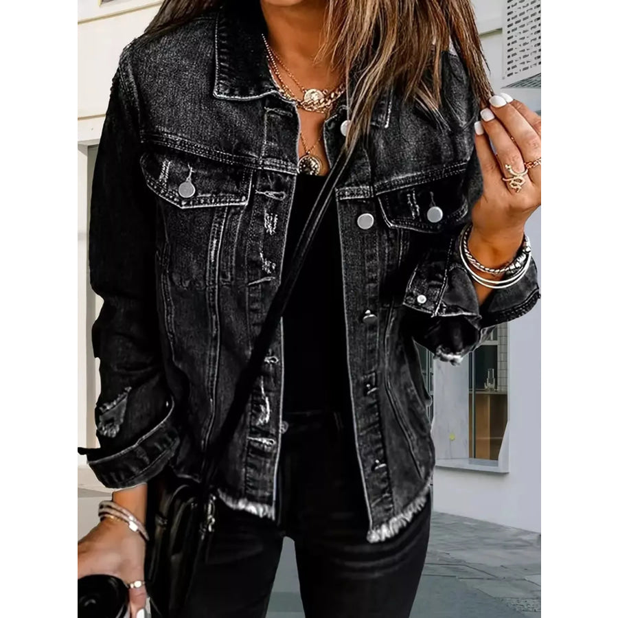 Distressed Raw Hem Denim Jacket Apparel and Accessories