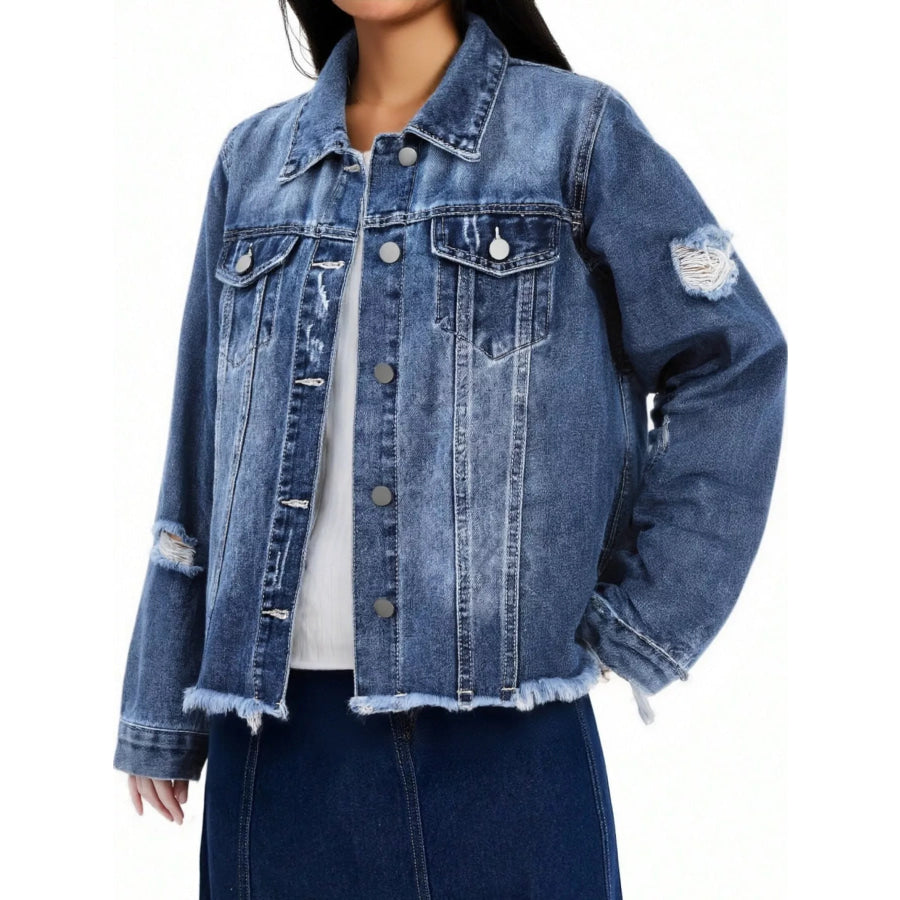 Distressed Raw Hem Denim Jacket Apparel and Accessories