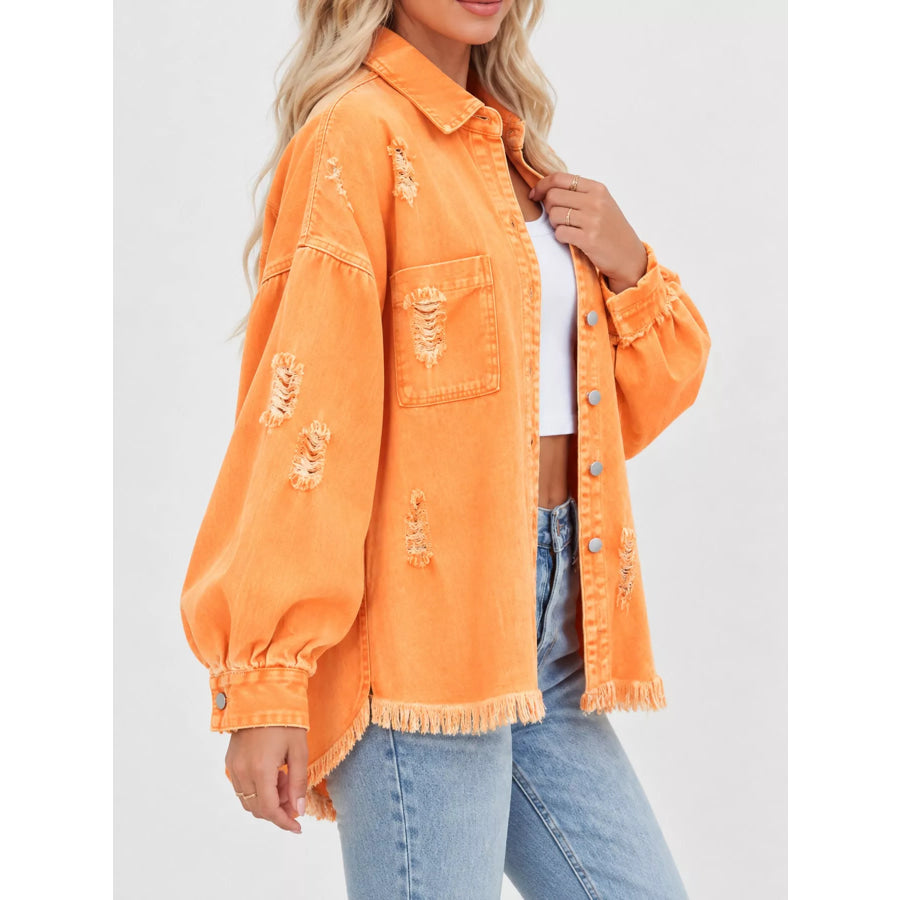 Distressed Raw Hem Denim Jacket Apparel and Accessories