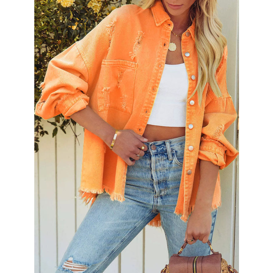 Distressed Raw Hem Denim Jacket Apparel and Accessories