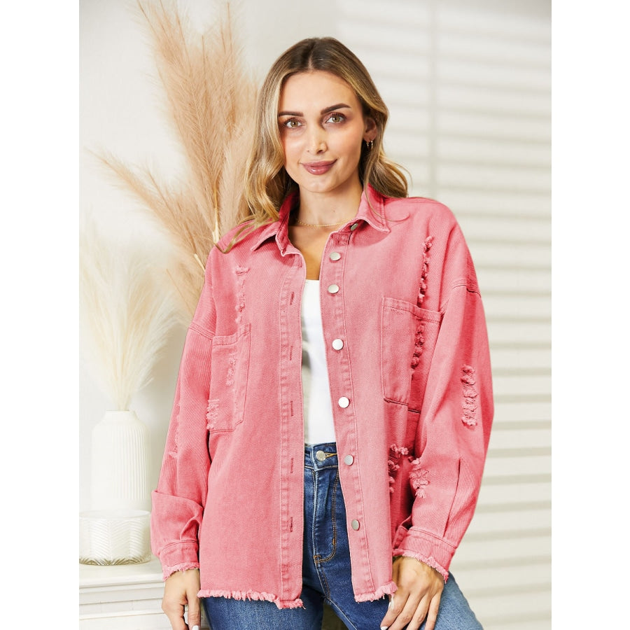 Distressed Raw Hem Denim Jacket Blush Pink / S