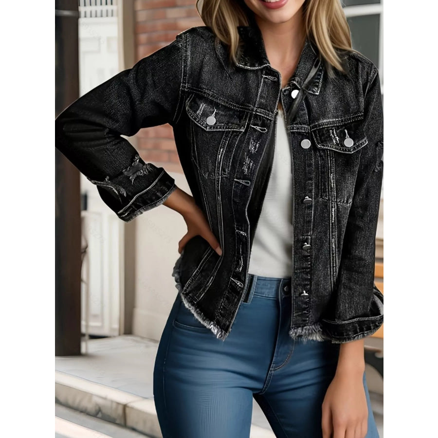 Distressed Raw Hem Denim Jacket Dark Gray / XS Apparel and Accessories