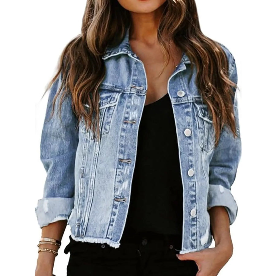 Distressed Raw Hem Denim Jacket Light Blue / XS Apparel and Accessories