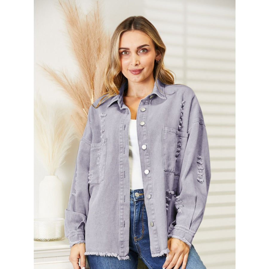 Distressed Raw Hem Denim Jacket Lilac / S