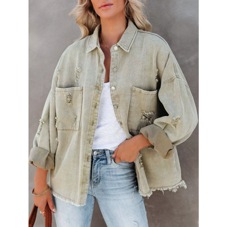 Distressed Raw Hem Denim Jacket Matcha Green / S Apparel and Accessories