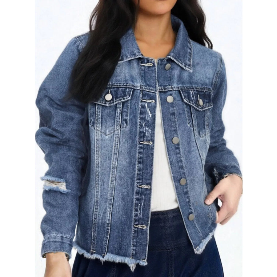 Distressed Raw Hem Denim Jacket Medium Blue / XS Apparel and Accessories