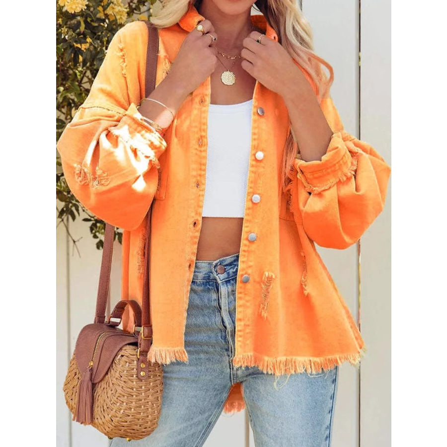 Distressed Raw Hem Denim Jacket Orange / S Apparel and Accessories