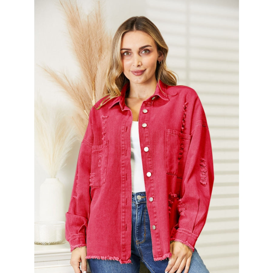 Distressed Raw Hem Denim Jacket Strawberry / S