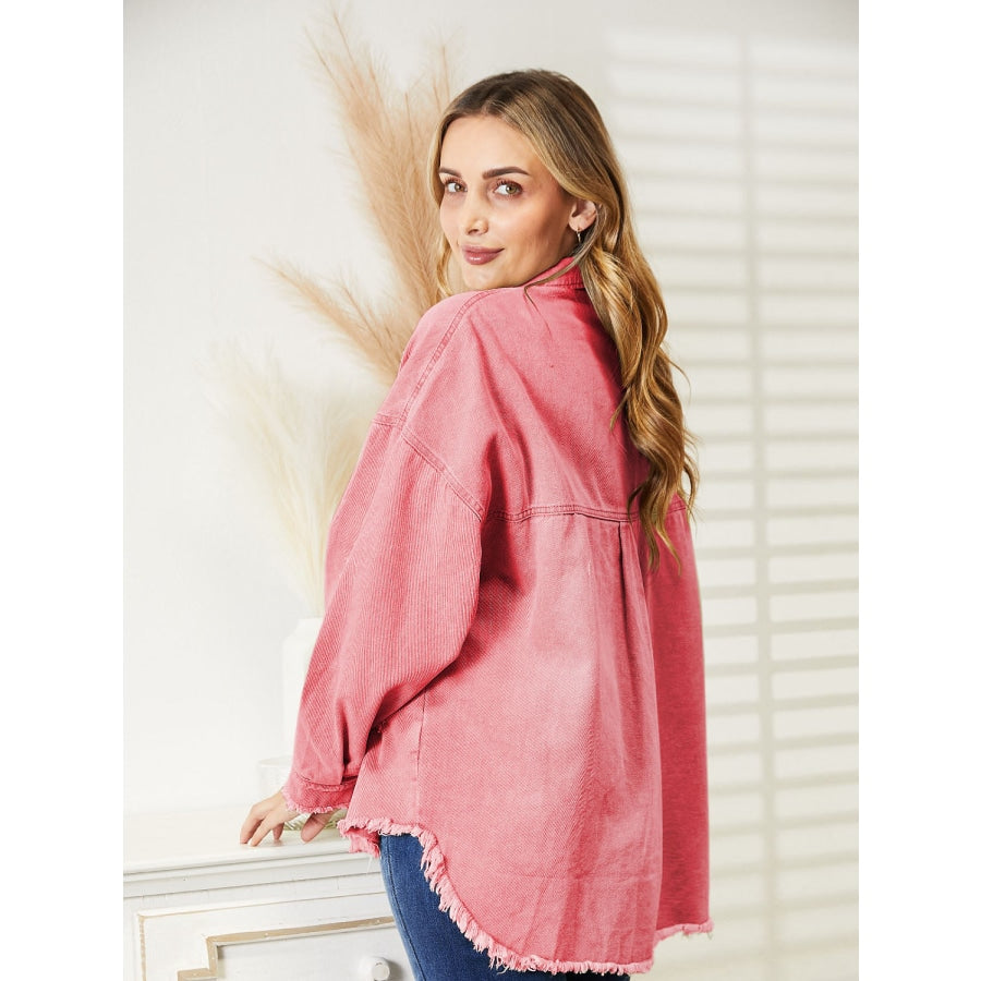 Distressed Raw Hem Denim Jacket Blush Pink / S