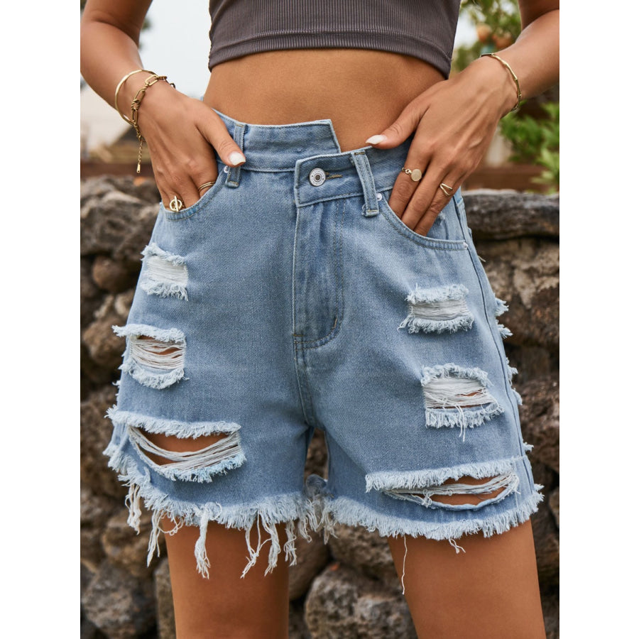 Distressed Raw Hem Denim Shorts Apparel and Accessories