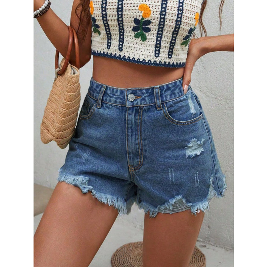 Distressed Raw Hem Denim Shorts Apparel and Accessories