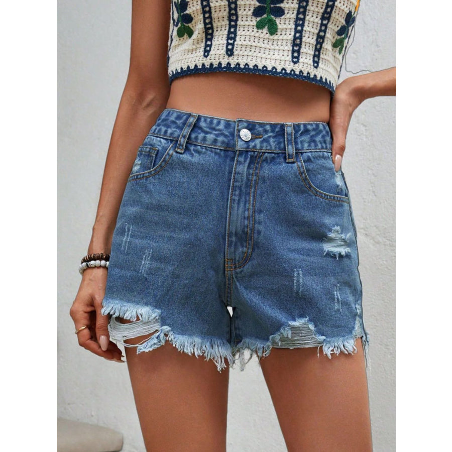 Distressed Raw Hem Denim Shorts Apparel and Accessories