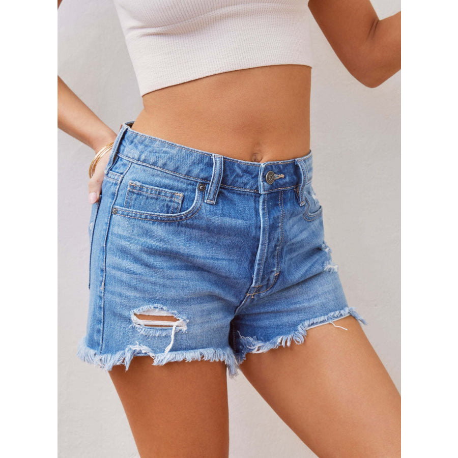 Distressed Raw Hem Denim Shorts Apparel and Accessories