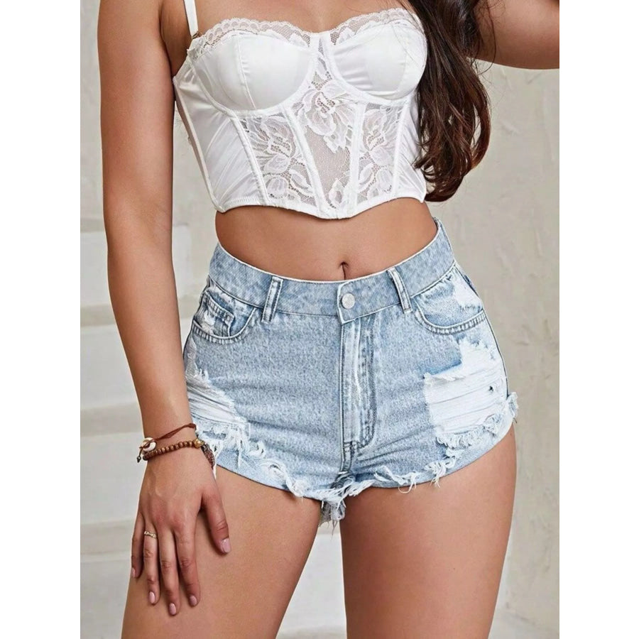 Distressed Raw Hem Denim Shorts Apparel and Accessories