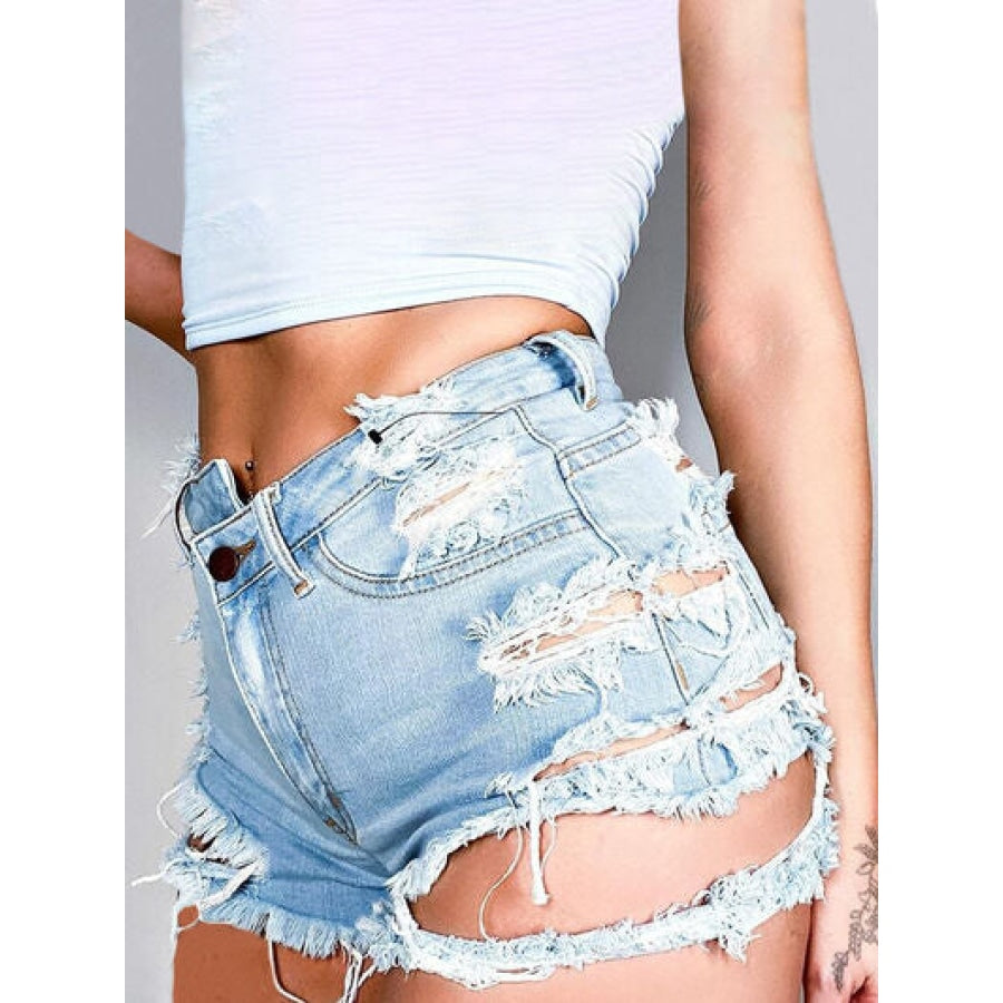 Distressed Raw Hem Denim Shorts with Pockets Clothing