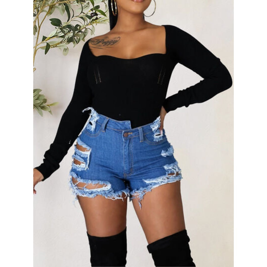 Distressed Raw Hem Denim Shorts with Pockets Clothing