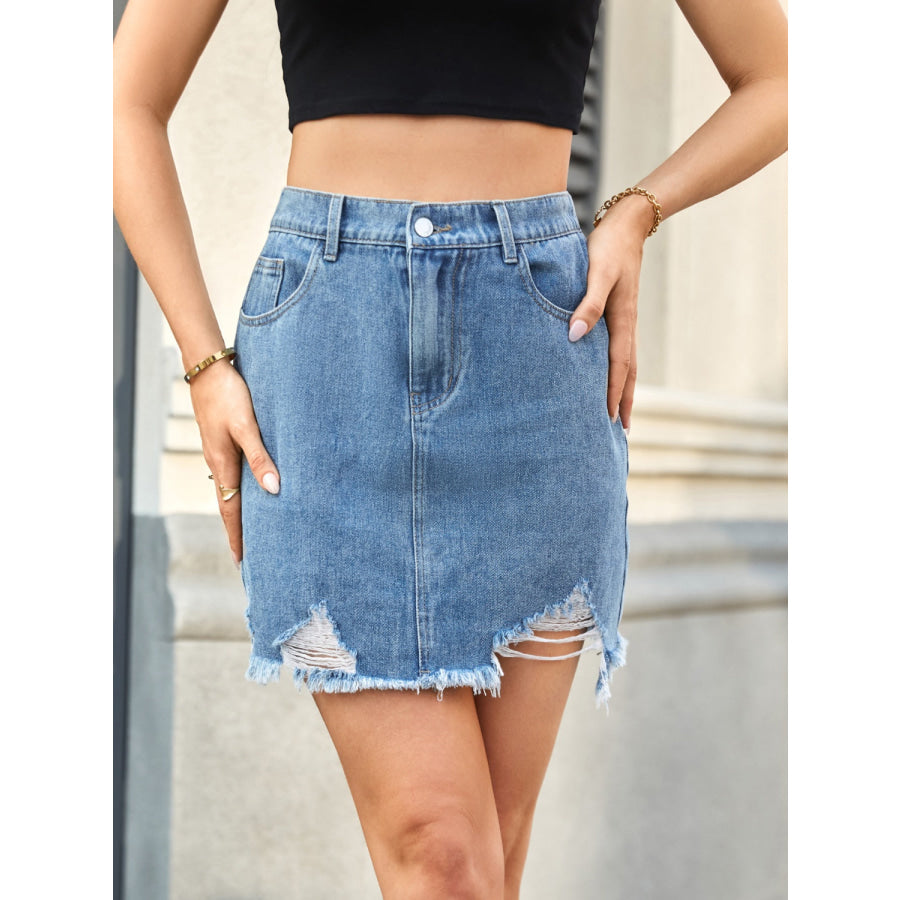 Distressed Raw Hem Denim Skirt Dusty Blue / S Apparel and Accessories