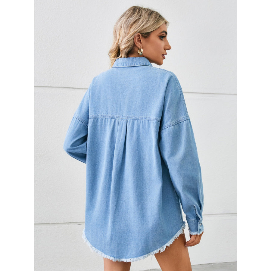 Distressed Raw Hem Dropped Shoulder Denim Jacket Misty Blue / S Apparel and Accessories