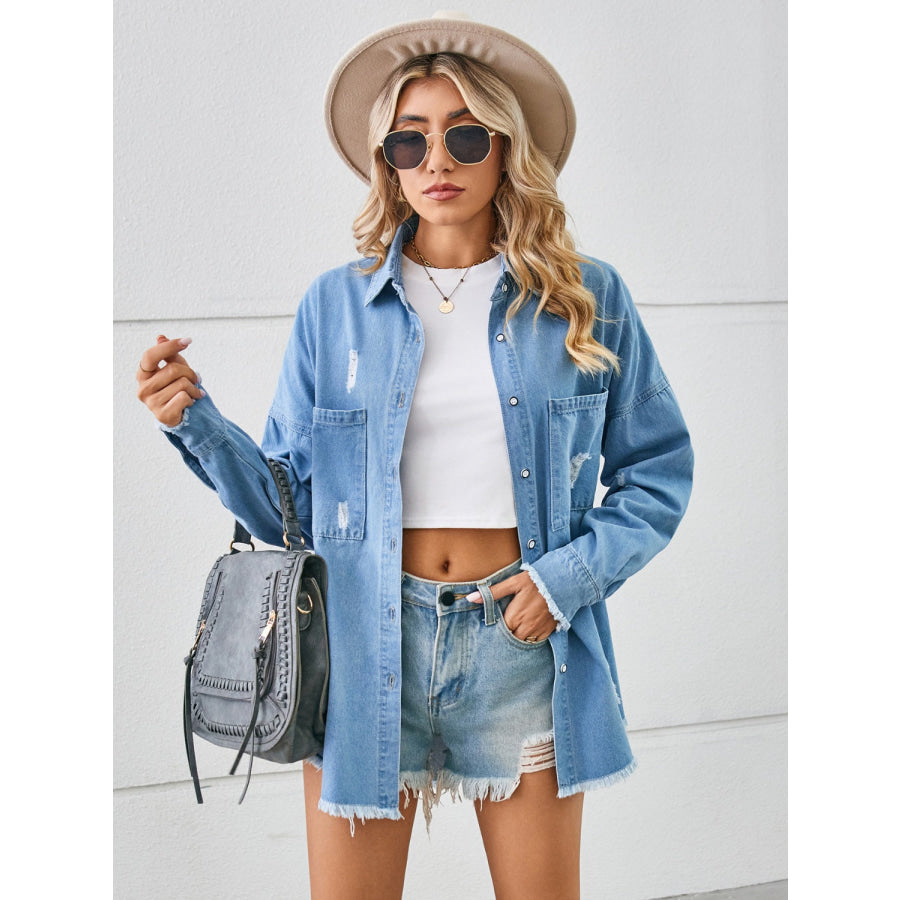 Distressed Raw Hem Dropped Shoulder Denim Jacket Apparel and Accessories