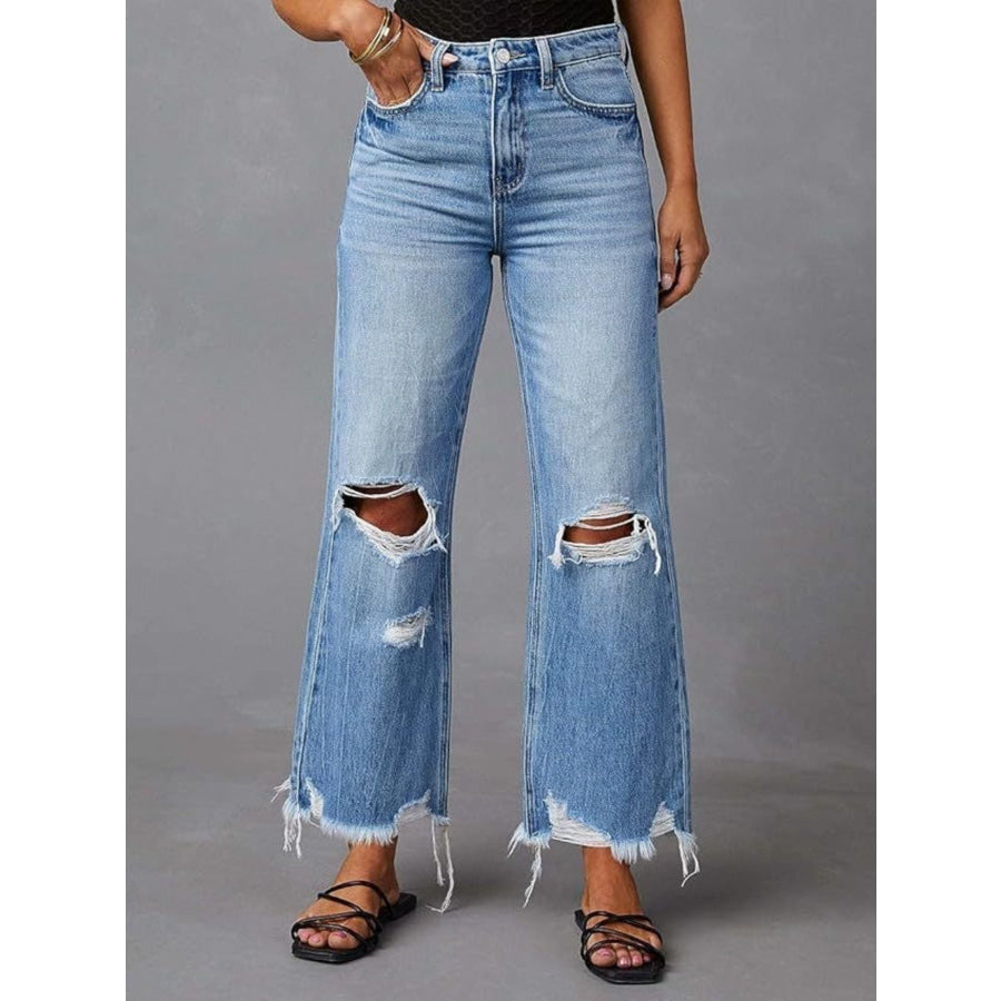 Distressed Raw Hem Flare Jeans Apparel and Accessories