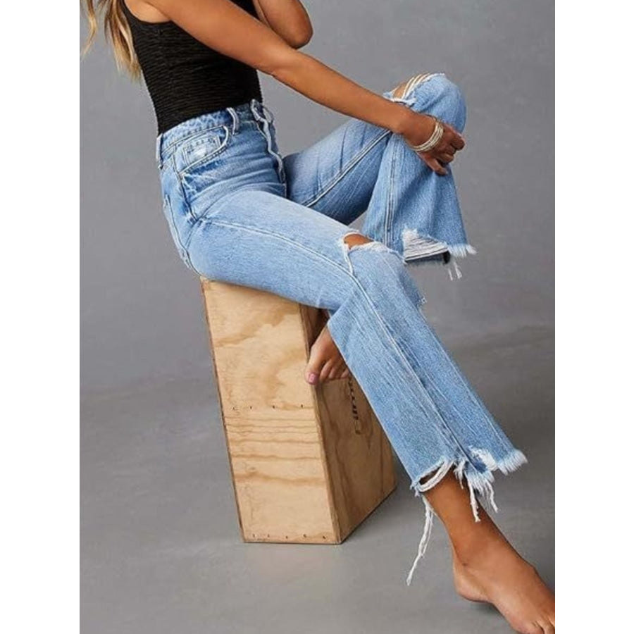 Distressed Raw Hem Flare Jeans Blue / S Apparel and Accessories