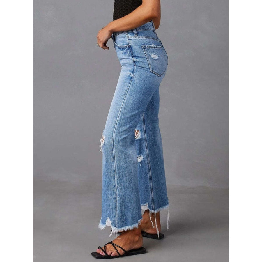 Distressed Raw Hem Flare Jeans Apparel and Accessories