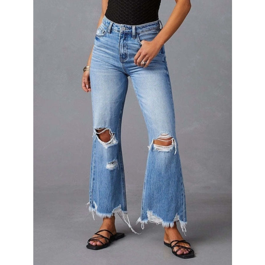 Distressed Raw Hem Flare Jeans Blue / S Apparel and Accessories