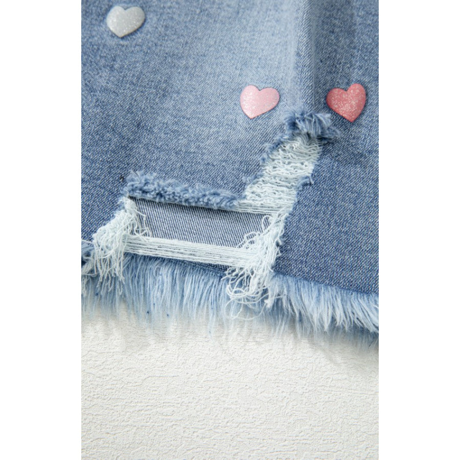 Distressed Raw Hem Heart Denim Skirt Apparel and Accessories