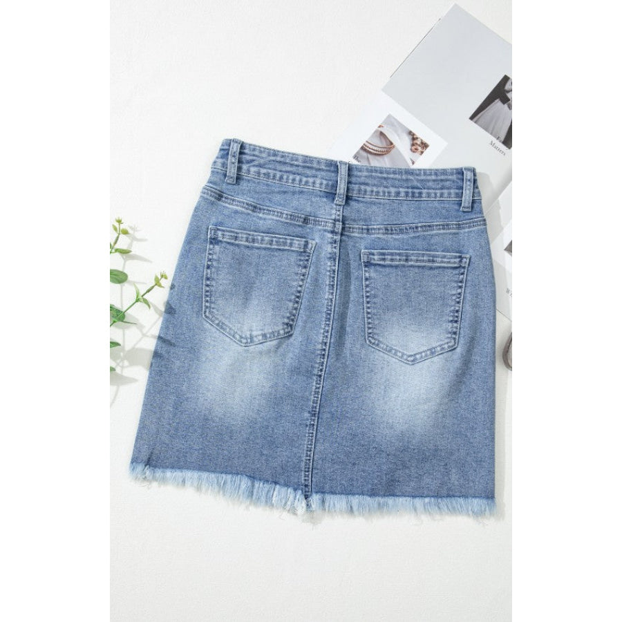 Distressed Raw Hem Heart Denim Skirt Apparel and Accessories