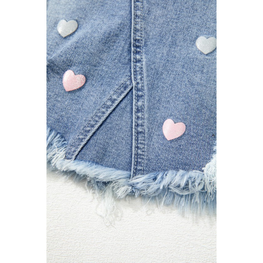 Distressed Raw Hem Heart Denim Skirt Apparel and Accessories