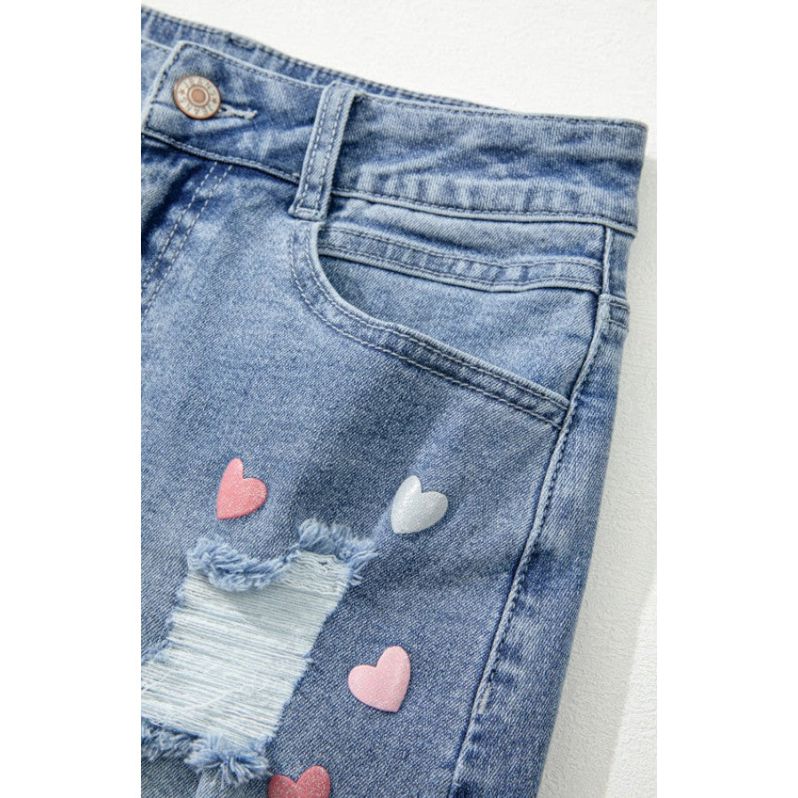 Distressed Raw Hem Heart Denim Skirt Apparel and Accessories