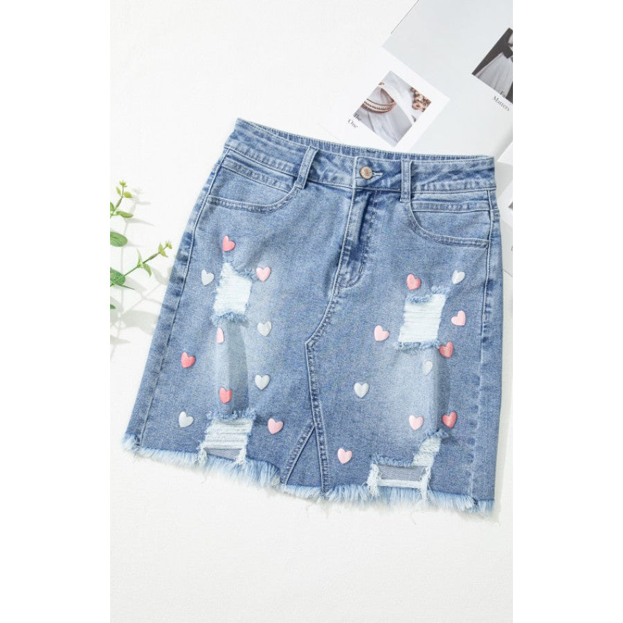 Distressed Raw Hem Heart Denim Skirt Apparel and Accessories