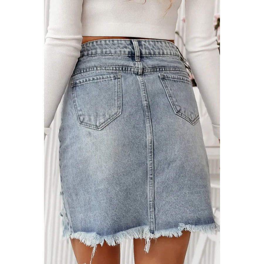 Distressed Raw Hem Heart Mini Denim Skirt Apparel and Accessories