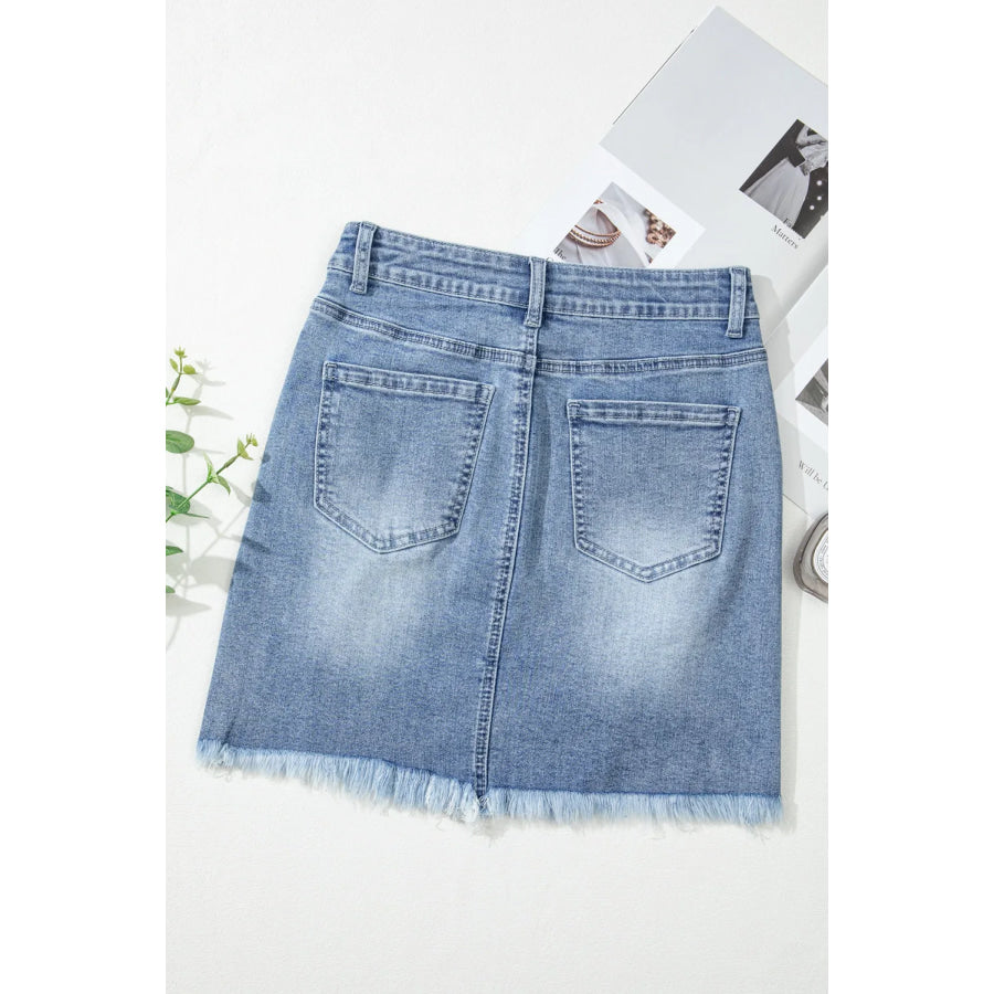 Distressed Raw Hem Heart Mini Denim Skirt Apparel and Accessories