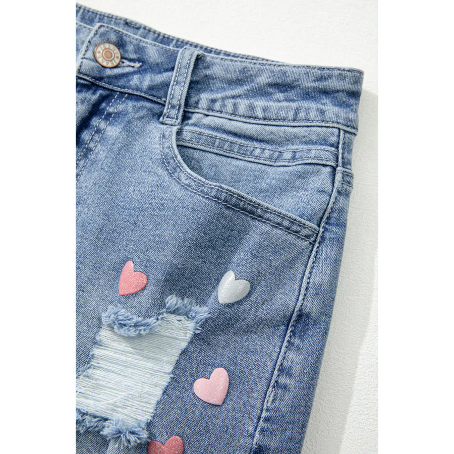 Distressed Raw Hem Heart Mini Denim Skirt Apparel and Accessories