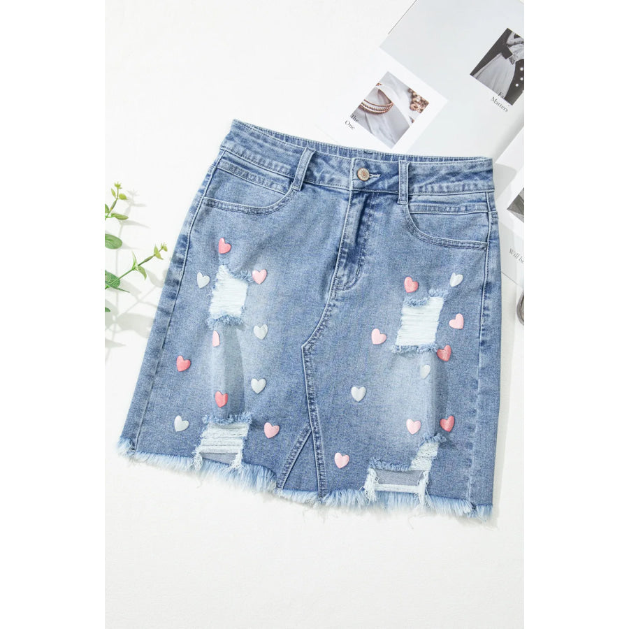 Distressed Raw Hem Heart Mini Denim Skirt Apparel and Accessories