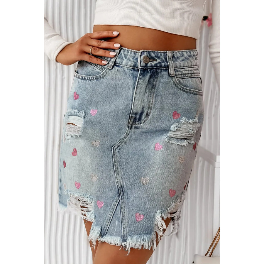 Distressed Raw Hem Heart Mini Denim Skirt Light / S Apparel and Accessories