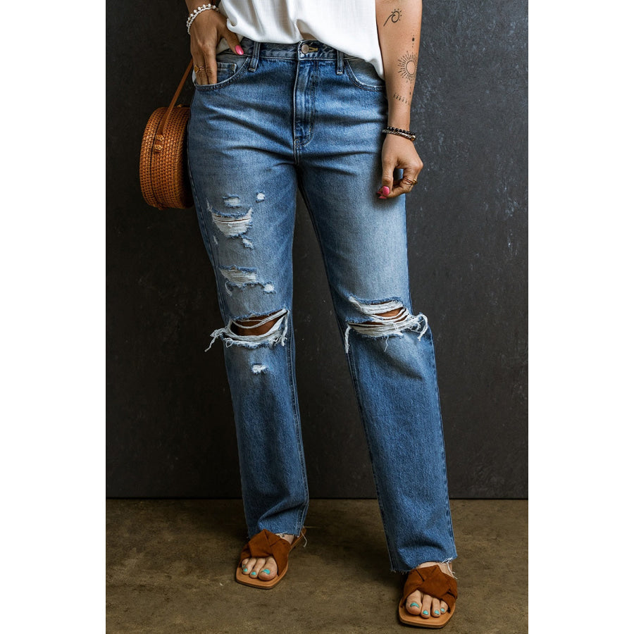 Distressed Raw Hem Jeans with Pockets Apparel and Accessories