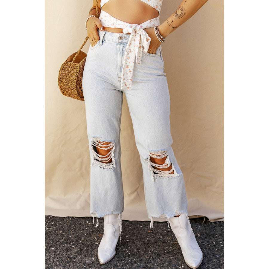 Distressed Raw Hem Jeans with Pockets Apparel and Accessories